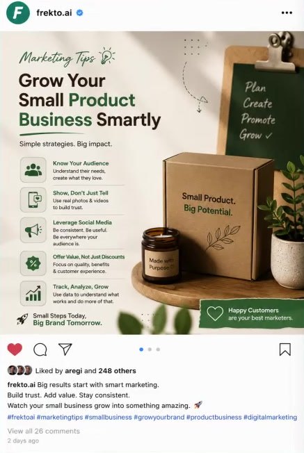 A marketing-tips carousel post generated by Frekto